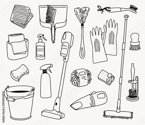 A set of hand-drawn home cleaning items in an aesthetic style.