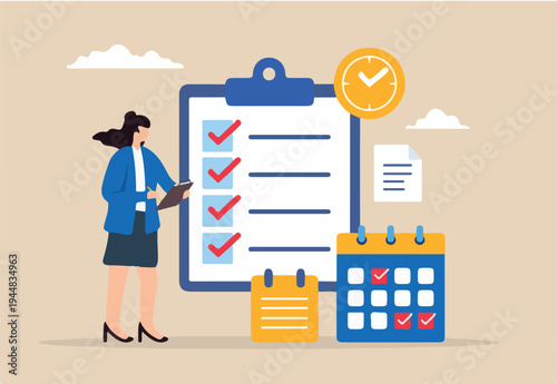 Flat illustration of woman event planner checking business checklist with calendar and note schedule management time planning.