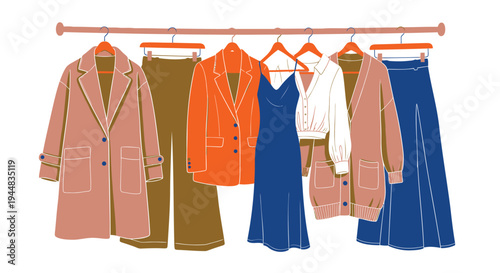 Set of 6 clothing items vector, fashion garments, hanging on rack