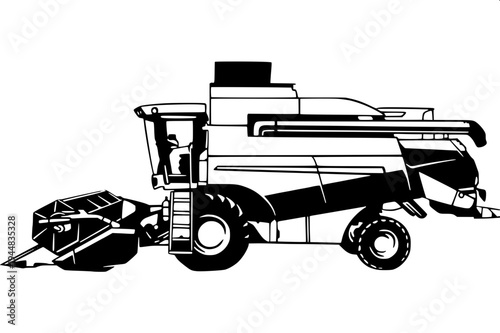 "combine harvester silhouette vector, black solid shape farming machine, side view agricultural harvester with cutting header and grain auger, farmer inside cabin, high contrast black on white backgro