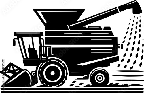"combine harvester silhouette vector, black solid shape farming machine, side view agricultural harvester with cutting header and grain auger, farmer inside cabin, high contrast black on white backgro