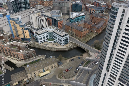 Obraz na plátne Aerial drone view of Bridgewater Place above Leeds canal district showing wareho