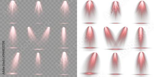 Collection of light beam strong directional, on transparent background.