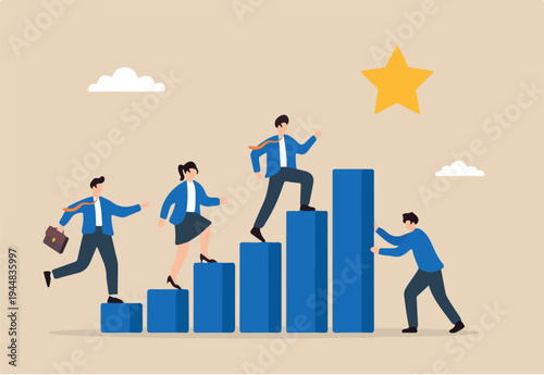 Flat illustration of business leader building bar chart staircase for team to reach startup success goal.
