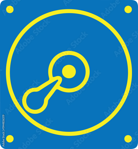 Hard drive platter icon showing disk surface and reading arm head for data storage technology hardware and computer memory storage components