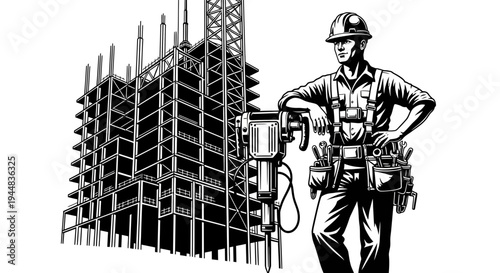 Construction worker with drilling machine.