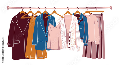 Set of 8 clothing items on hangers vector