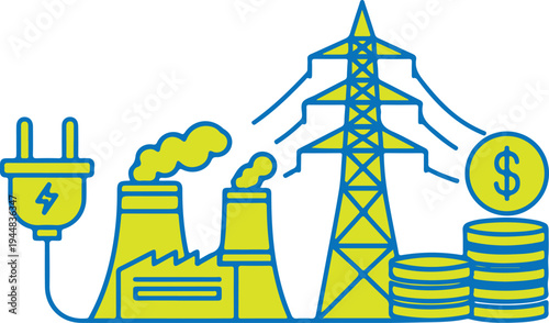 Industrial power plant flat vector icon with high voltage tower factory cooling towers and money coins for energy economy and utility concept