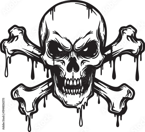 Scary skull and crossbones illustration dripping dark design element for Halloween or danger concept isolated on white background