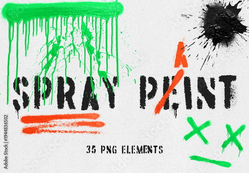 35 Spray Paint Splatter Drips Overlays. Grunge Graffiti Design Element. Aerosol Overspray Texture Isolated On Transparent Background.