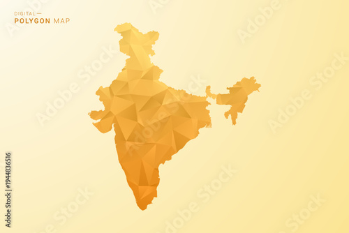 India Map - Polygon style vector illustration in yellow and orange low poly geometric design, modern minimal silhouette, isolated for infographic.