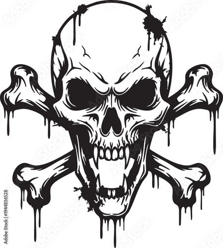 Scary skull and crossbones illustration with dripping paint effect a symbol of danger and pirate warning isolated on white background for graphic design