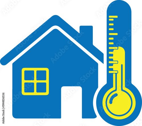 Smart home climate control system with a house icon and a large thermometer showing temperature regulation
