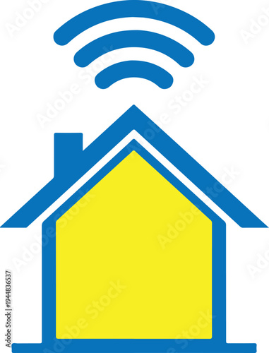 Smart home signal icon blue house with yellow interior and wireless wifi connection waves above roof for automated property technology system