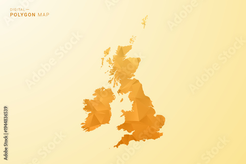 United Kingdom Map - Polygon style vector illustration in yellow and orange low poly geometric design, modern minimal silhouette, isolated for infographic.