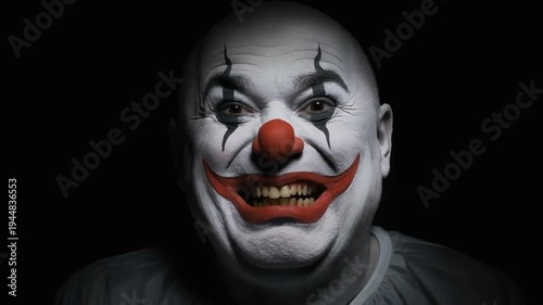 A close-up portrait of a man dressed as a creepy clown with white face paint, red nose and lips, and gold teeth against a dark background