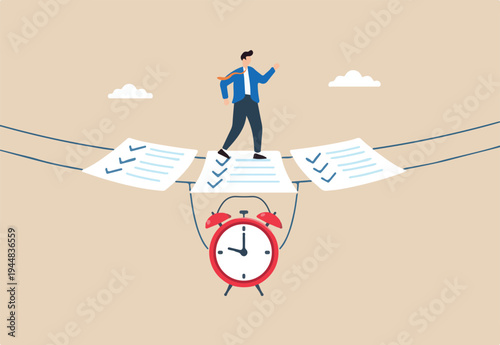 Flat illustration of businessman walking on checklist bridge suspended by alarm clock for concept of time management and task planning