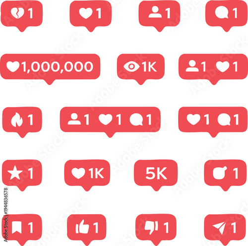 Collection of social media notification icons including likes comments shares and follower counts flat design elements for web and app interfaces isolated on white