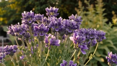 A close-up view of a cluster of purple flowers with green stems and blurred background of trees and foliage
