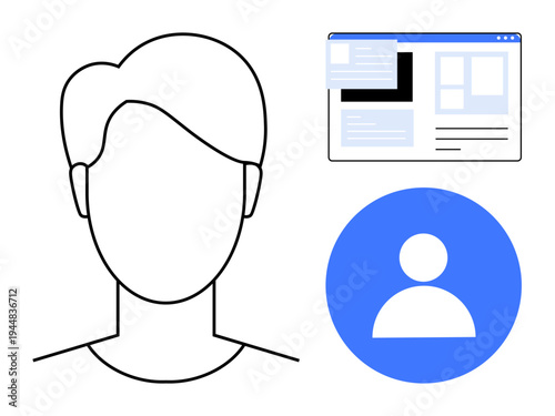 Online identity, user interface, account creation, digital profiles, authentication, data security. Minimalist head outline, user icon and webpage layout. Online identity and user interface concept