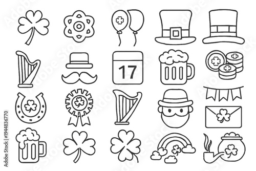 St. Patrick's Day on March 17 isolated elements of Irish leprechaun festival horseshoe beer shamrock hat pot of gold pipe hand drawn black outline on white background for coloring, card, print, design