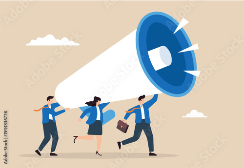 Flat illustration of business people shout on megaphone announcing marketing communications and promotions