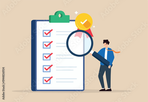 Flat illustration of businessman inspect standard QC badge document with magnifying glass quality control checklist certified approval