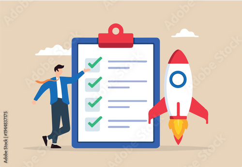 Flat illustration of brand strategist present rocket and checklist launch startup start project and business development