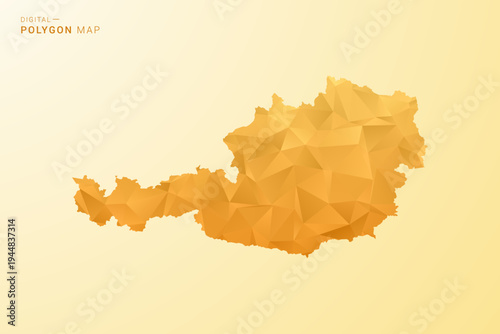 Austria Map - Polygon style vector illustration in yellow and orange low poly geometric design, modern minimal silhouette, isolated for infographic.