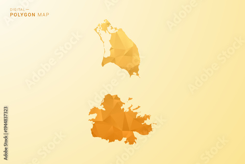 Antigua and Barbuda Map - Polygon style vector illustration in yellow and orange low poly geometric design, modern minimal silhouette, isolated for infographic.