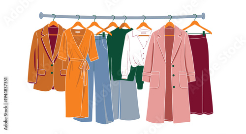 Set of 8 clothing items vector, fashion garments, hanging clothes