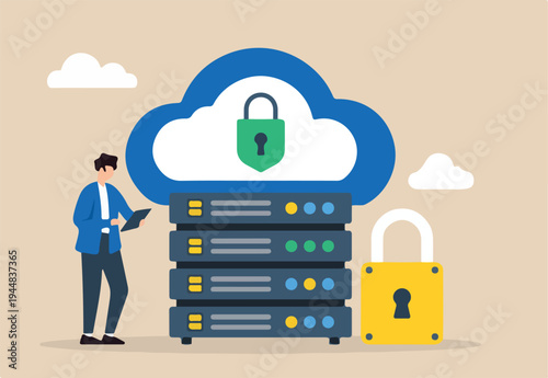 Flat illustration of network administrator securing cloud data storage with encrypted lock symbols.