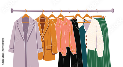 Set of 6 clothing items vector, fashion garments on hangers