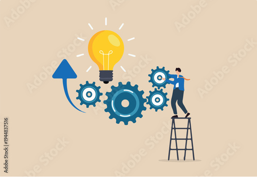 Flat illustration of businessman standing on ladder turning gear wheels connected to glowing lightbulb with upward arrows innovation productivity and solution engineering