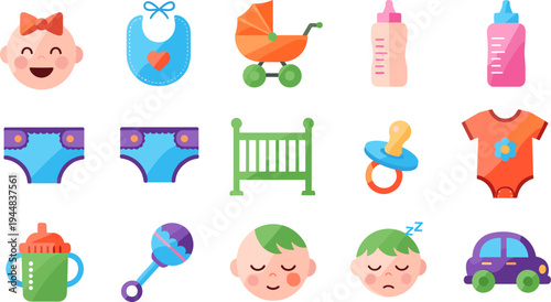 Baby care icons set with stroller bottle pacifier crib bib diaper baby face clothes toy flat vector