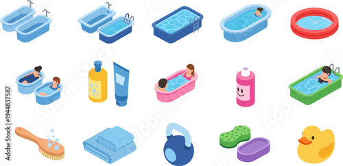 bath, bathtub, pool, baby, bathing, hygiene, towel, sponge, soap, shampoo, rubber, duck, cleaning, bathroom, water, kid, illustration, collection, cartoon, set
