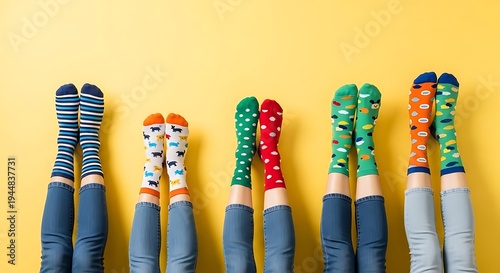 Colorful Socks on Legs Against Yellow Background.