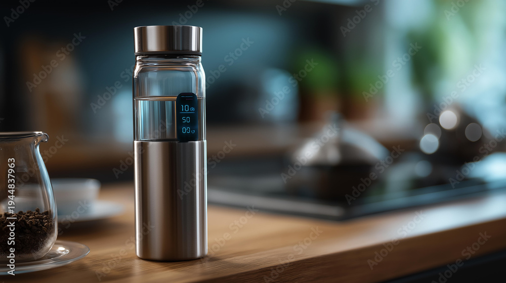 Fototapeta premium Smart water bottle with a digital hydration tracking display showing daily water intake data, defocused background, smart health accessory concept, with copy space