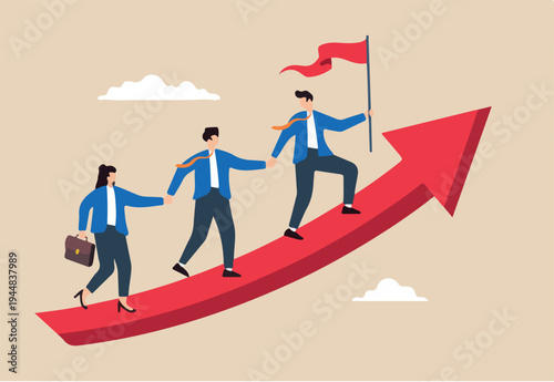 Flat illustration of businessman leader with flag hold hand with employee walking up rising growth arrow graph teamwork cooperate together achieve target leadership build team