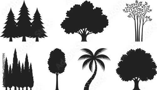 Collection of forest and tropical tree silhouettes including pine, palm and deciduous trees botanical nature vector illustration set