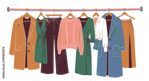 Set of 7 clothing items vector, fashion garments on hangers