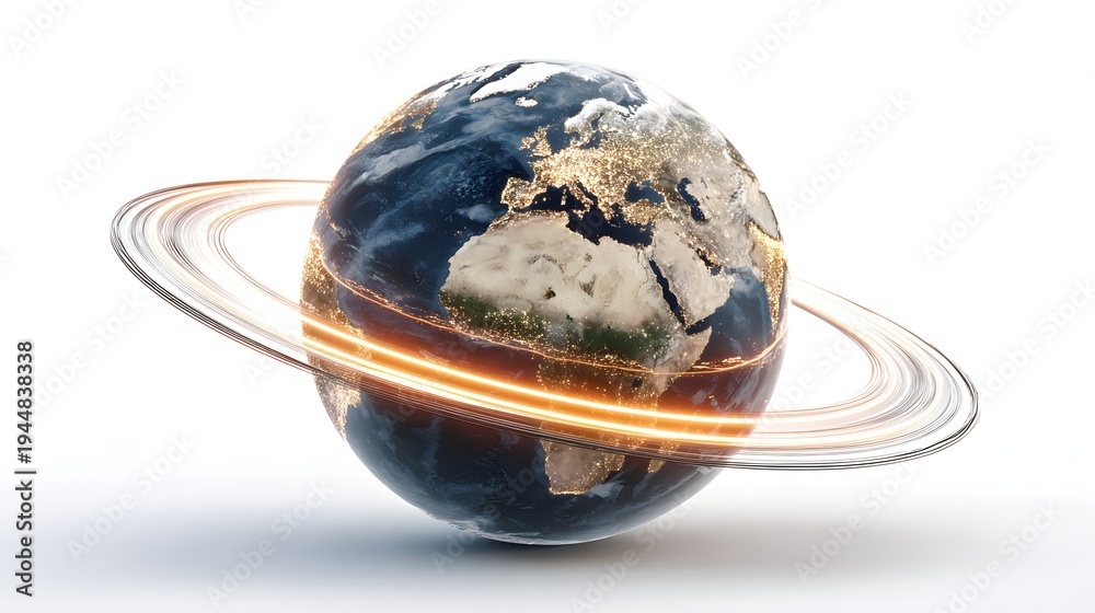 Fototapeta premium Earth Planet with Saturn Like Rings and Glowing Energy.