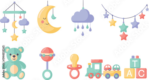 Cute Baby Nursery Toys and Decoration Vector Set Featuring Moon Mobile, Clouds, Teddy Bear, Pacifier, Rattle, Toy Train and Alphabet Blocks.