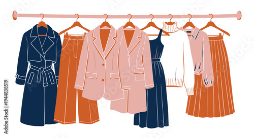 Set of 7 clothing icons vector, fashion garments on hangers