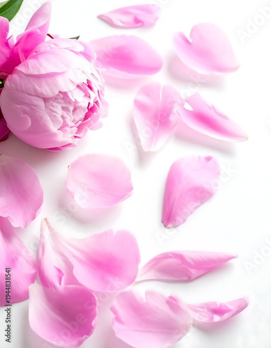 A delicate floral arrangement with pink peony petals scattered around