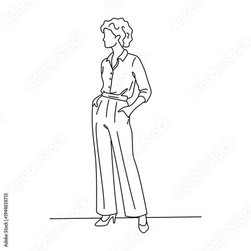 Fashionable Woman in Button Down Shirt and Trousers Line Art