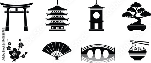 Japanese culture icons set featuring torii gate, pagoda temple, bonsai tree, sakura flower, folding fan, bridge and ramen bowl silhouettes