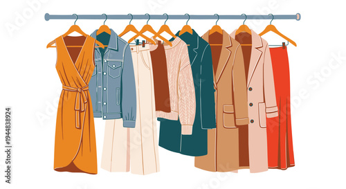 Set of 8 clothing items on hangers vector