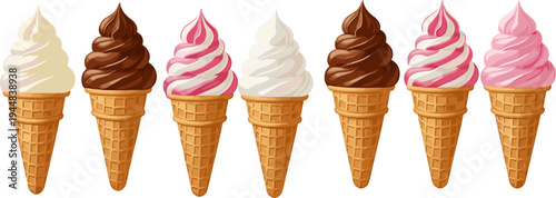 Colorful soft serve ice cream cones collection, vanilla chocolate strawberry swirl desserts waffle cone vector illustration sweet frozen treat set
