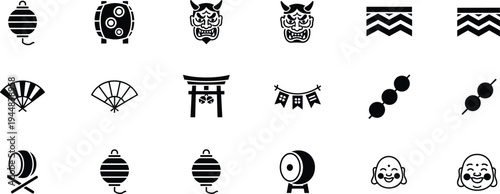 Japanese festival icon set featuring lantern, oni mask, torii gate, folding fan, taiko drum, dango sweets traditional culture